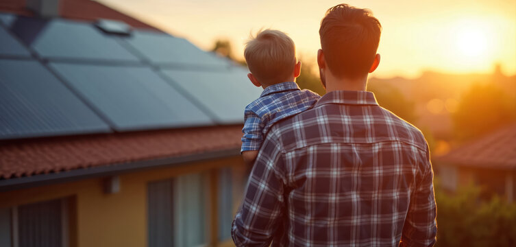 Dad holds son looking at house roof with solar panels. Happy family enjoys solar tech. Father shows kid photovoltaic panels. Sustainable family lifestyle at sunset. Residential home energy - Powered by Adobe