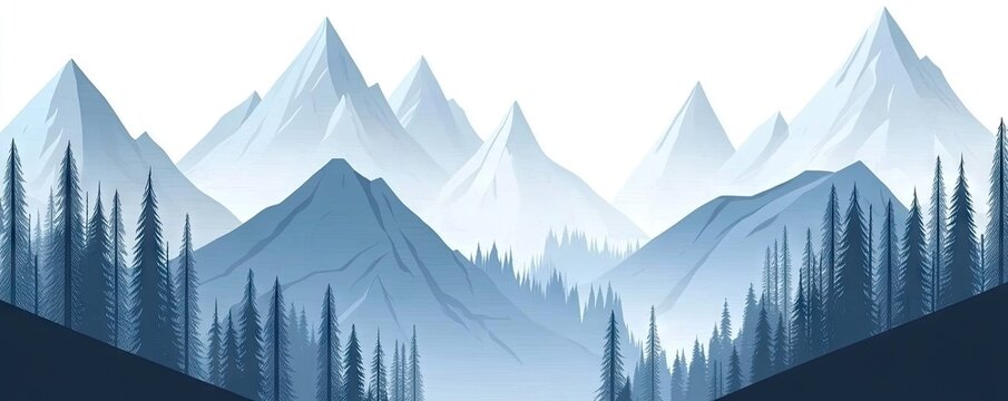 Serene layered blue winter mountain landscape with misty peaks and pine forests under soft light