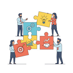 Four diverse business professionals collaborate, connecting large puzzle pieces to visualize a cohesive solution strategy in a vibrant 2D flat vector illustration.