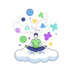A serene person meditates on a cloud, surrounded by soft abstract shapes and gentle energy lines, symbolizing mindfulness and mental balance in a vibrant 2D flat illustration.