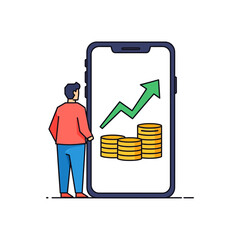 Successful saving and investment strategy is illustrated by a person standing beside a mobile phone showing stacked coins and a rising profit arrow, in a vibrant 2D flat vector illustration.