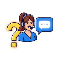 A cheerful customer service agent wearing a headset floats beside a large question mark and glowing chat bubble icon, symbolizing 24/7 technical support in a vibrant 2D flat vector illustration.