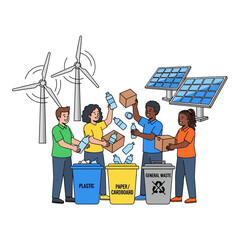 Diverse people collaboratively tossing plastic bottles into clearly marked recycling bins, promoting environmental action in a simplified 2D flat vector illustration.