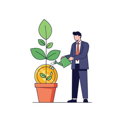 A businessman waters a large golden coin sprouting leaves in a pot, symbolizing smart investment and steady financial growth in a clean 2D flat illustration.
