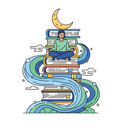 A person meditates in the lotus position atop a tall stack of books, supported by a crescent moon and flowing abstract water, symbolizing mental clarity in a 2D flat illustration.