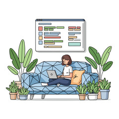 Remote work efficiency is depicted in this vibrant 2D flat vector illustration showing a young woman typing on a laptop on a modern geometric sofa near potted plants and a large task list screen.