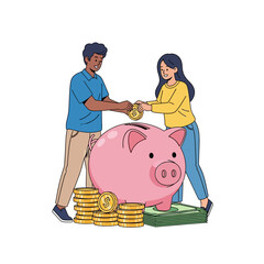 A young couple jointly adds a coin to an oversized pink piggy bank resting on stacks of money in this vibrant 2D flat vector illustration, symbolizing financial savings goals.
