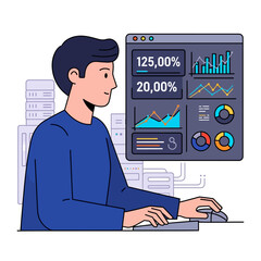 A cybersecurity professional monitors a complex digital dashboard displaying large data analytics and line graphs in a clean 2D flat vector illustration.