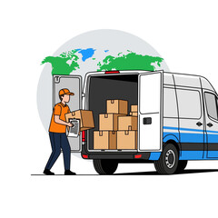 A delivery driver loads packages into a van while checking a shipment manifest, set against a stylized global logistics map in a simplified 2D flat illustration.