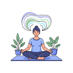 Vibrant flat 2D vector illustration depicting a peaceful person meditating cross-legged on a yoga mat, surrounded by potted greenery and abstract lines symbolizing spiritual harmony and wellness.