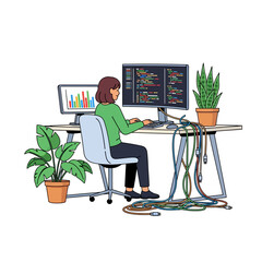 A female software engineer is comfortably working and typing code on a large curved monitor at a modern desk surrounded by vibrant potted office plants in a 2D flat vector illustration.