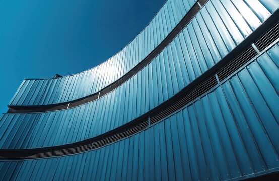 Modern building facade with blue metallic curved panels against clear sky. Clean architectural lines, geometric patterns create contemporary, abstract look. Suitable for business, tech, design themes. - Powered by Adobe