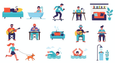 Fototapeta premium A diverse set of flat vector illustrations showing people engaged in daily life activities, hobbies, and leisure at home and outdoors