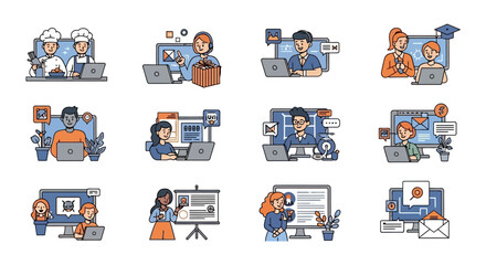 Online learning and remote work illustrated concepts for diverse professions and activities
