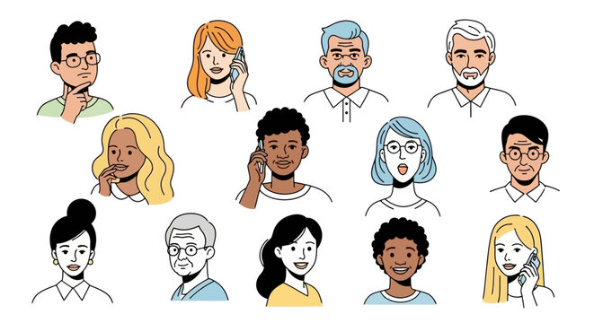 Set of diverse character avatars featuring multicultural and multi-generational men and women in a line art style