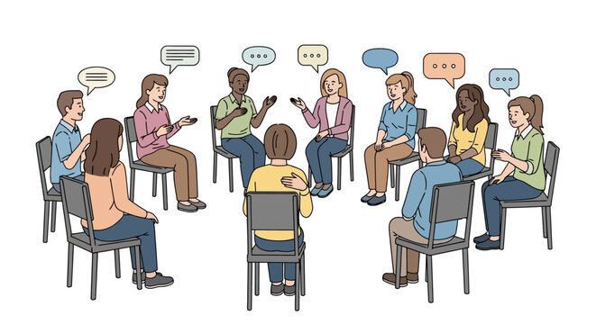 Diverse Group of Individuals Engaged in Open Communication and Collaborative Discussion in a Circle Setting, Fostering Understanding and Support Among Participants