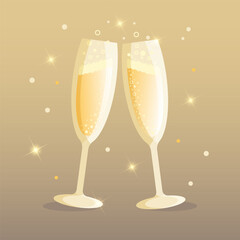 Two glasses of sparkling wine or champagne isolated on a gold background. EPS 10	