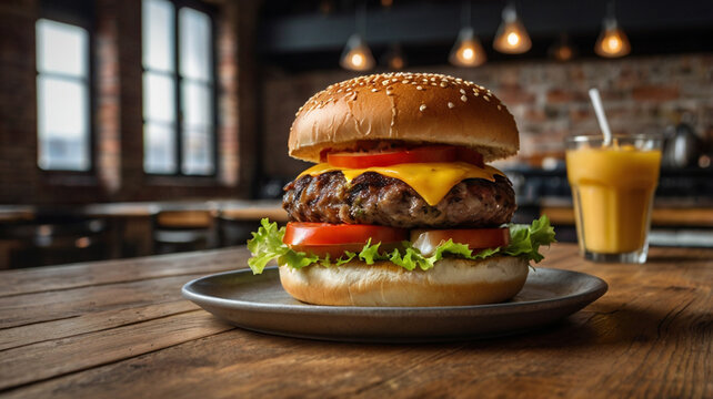 Classic Cheeseburger on a Wooden Table in a Restaurant Setting