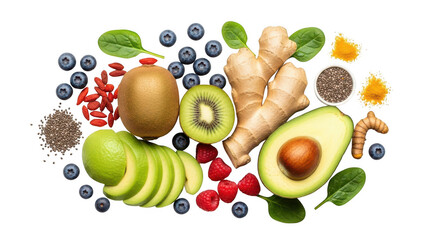 Healthy superfoods and fresh ingredients arranged on a transparent background