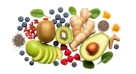 Healthy superfoods and fresh ingredients arranged on a transparent background