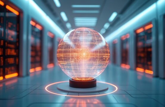 Glowing sphere in modern tech data center. Futuristic AI concept visualization in hi-tech server room. Digital technology network hub. Information technologies research, innovation. Quantum computer
