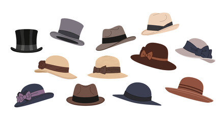 Collection of various hats in different styles and colors on white background.