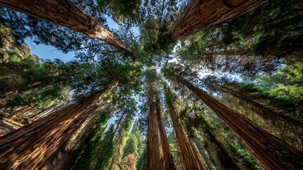 Massive redwood trees soar upwards towards a bright patch of blue sky in a dense forest