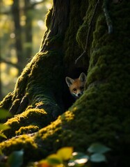 Naklejka premium Wildlife Portrait of a Fox Cub Hiding in an Old Forest Tree Trunk