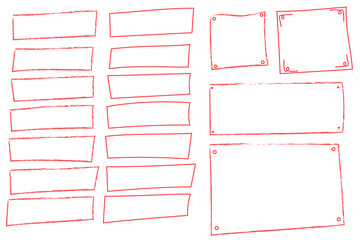 Hand-drawn red rectangular frames and borders with rough sketch texture. Collection of horizontal and vertical empty text boxes with grunge crayon style outlines for banners, labels, design elements