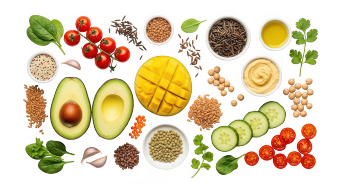 Healthy ingredients for a balanced diet, isolated on transparent background