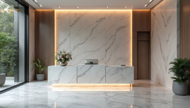 Modern reception desk in luxury funeral home lobby. Marble surfaces, wood paneling, soft lighting create serene, elegant atmosphere. Plants add calm.