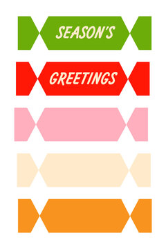 Colorful Christmas cracker PNG set featuring festive Season&rsquo;s Greetings text and blank crackers in green, red, pink, cream, and orange. Perfect for holiday party, Christmas invitations, gift tags