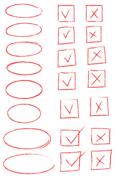 Hand-drawn red circles and checklist icons PNG. Sketch-style ovals, checkmark boxes, cross boxes. Perfect for planners, to-do lists, bullet journaling, digital notebooks, presentations, designs.