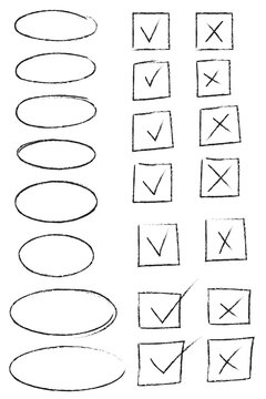 Hand-drawn black circles and checklist icons PNG. Sketch-style ovals, checkmark boxes, cross boxes. Perfect for planners, to-do lists, bullet journaling, digital notebooks, presentations, designs