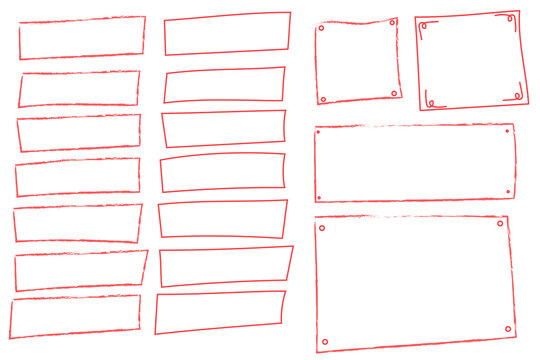 Hand-drawn red rectangular frames and borders with rough sketch texture. Collection of horizontal and vertical empty text boxes with grunge crayon style outlines for banners, labels, design elements