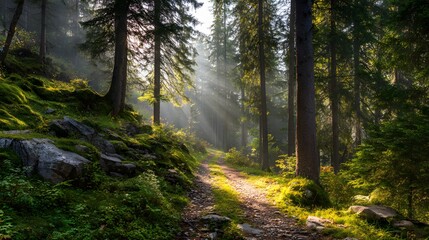 Sunlight streams through dense evergreen trees illuminating a mossy forest path