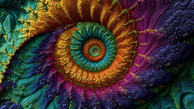 Intricate fractal geometry displays a vibrant spiral pattern composed of richly textured surfaces.
