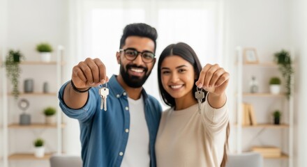 Happy young diverse couple holding out the keys to their new home or apartment