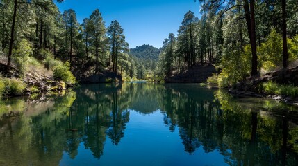 Tall evergreen trees frame a tranquil body of water reflecting a clear blue sky.