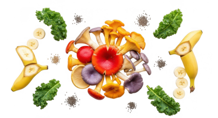 Assortment of colorful mushrooms, kale, and banana isolated on transparent background