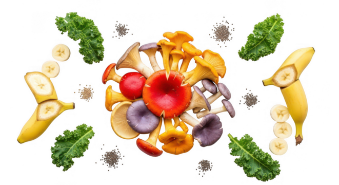 Assortment of colorful mushrooms, kale, and banana isolated on transparent background