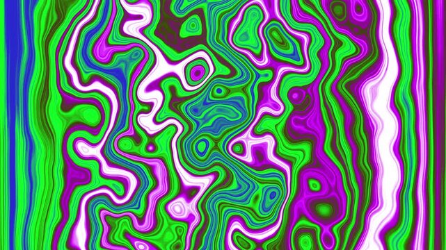 Fluid psychedelic pattern with green, pink, and purple swirling organic lines.