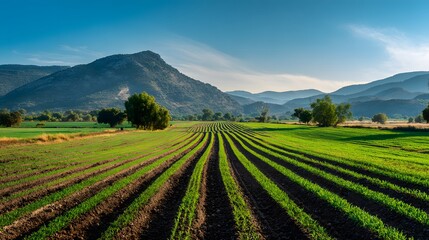 Cultivated rows of young green crops stretch toward distant blue mountains under a clear sky