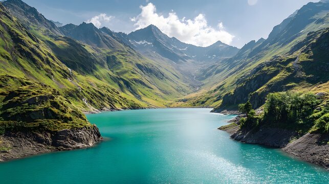 Majestic mountain valley cradles a brilliant turquoise alpine lake under a partly cloudy sky