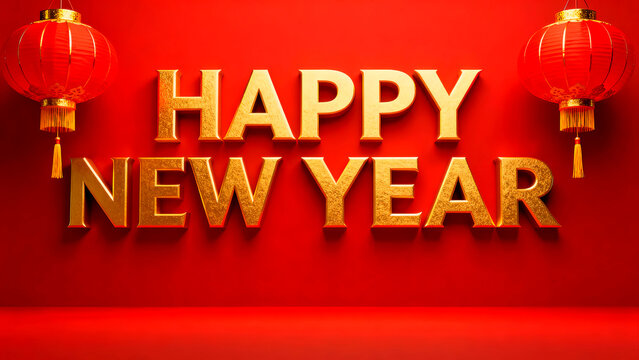 Festive happy new year greeting with golden text and traditional red lanterns against a vibrant red background perfect for holiday celebrations and seasonal greetings and promotional materials
