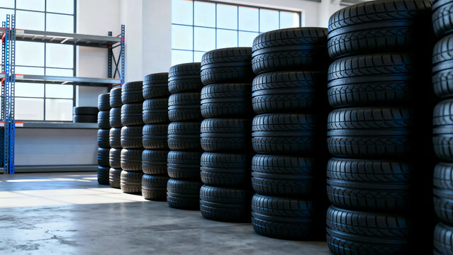 Stacked tires in a warehouse ready for distribution and sale showcasing automotive tire inventory and storage solutions for car maintenance and vehicle service centers across the industry