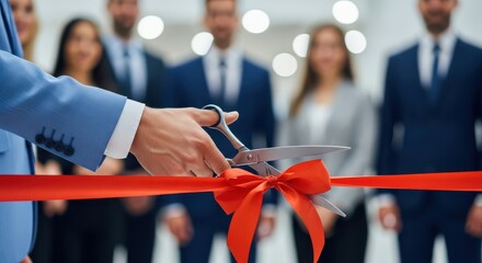Close-up of hands cutting a red ribbon with scissors during a grand opening ceremony, symbolizing business launch and inauguration