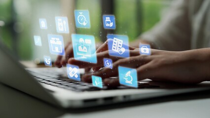 Online pharmacy icons showing medicine, healthcare, prescription and medical services with digital pharmacy, online drugstore, telemedicine and modern pharmaceutical solutions. Funnel