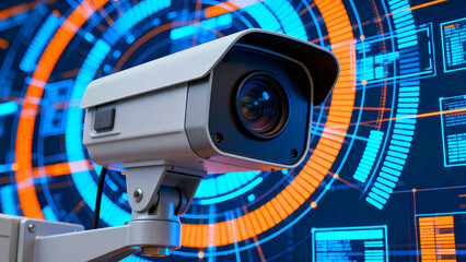 Security camera monitoring a digital interface with vibrant blue and orange hues providing surveillance and protection for home or business security systems and data privacy online