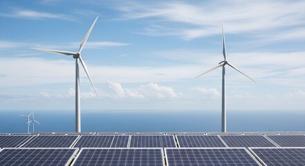 Wind Turbines and Solar Panels Harnessing Renewable Energy Under Blue Sky